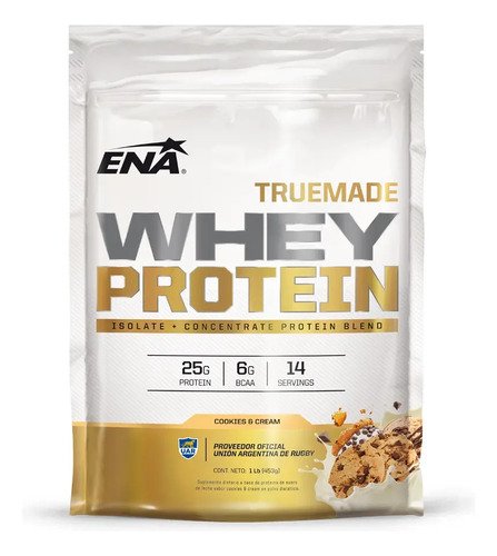 Suplemento en polvo ENA Sport True Made proteínas sabor cookies & cream en Doypack de 453g